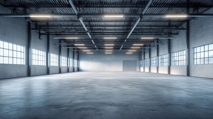 Expansive Empty Warehouse Interior with Concrete Floor, Steel Beams, and Natural Light from Windows