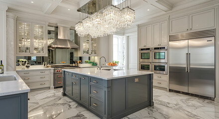 Luxurious kitchen design with modern appliances and crystal chandelier