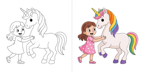Cartoon girl hugging a unicorn with rainbow mane and tail in color and line art versions