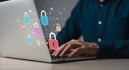 A person typing on a laptop with colorful padlocks connected to it