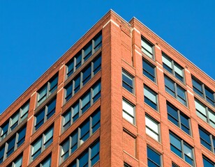 Red brick corner building against clear blue sky