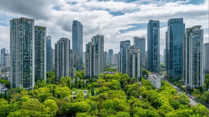 Fototapeta premium Modern Cityscape with Lush Greenery: A Vibrant Urban Skyline in the Daytime