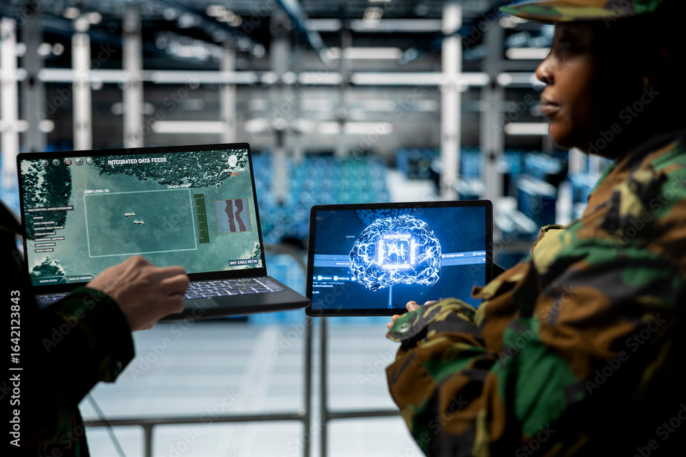 Poster army experts in data center deploying ai vision systems for missile pattern recognition. military un