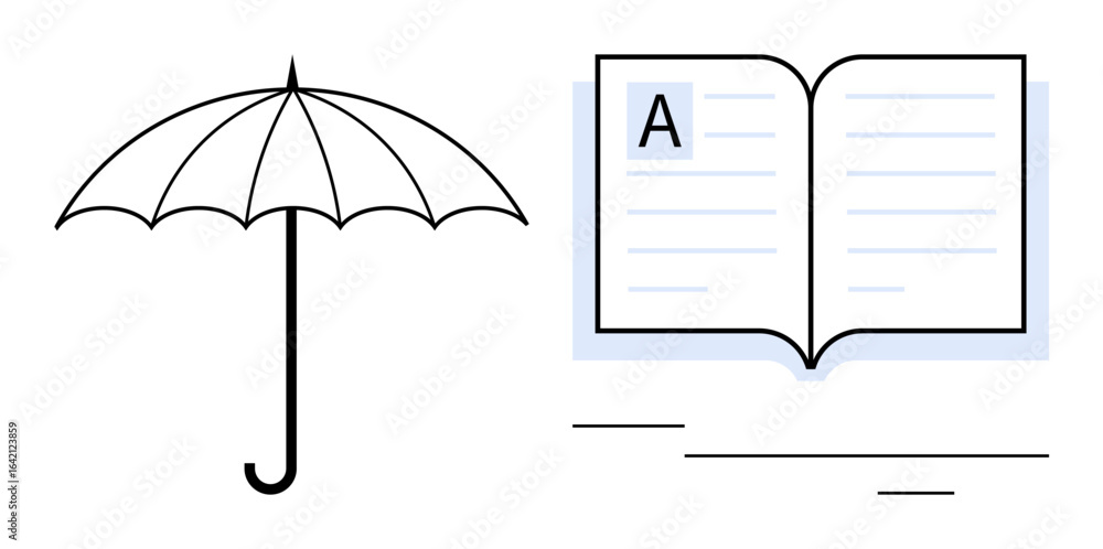 Poster open umbrella and open book with highlighted text. ideal for protection, knowledge sharing, insuranc
