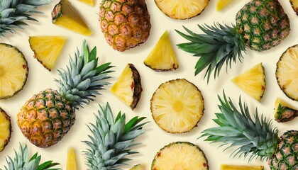 vibrant seamless pineapple pattern tropical fruit background with whole and sliced pineapples