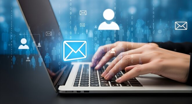 A person typing on a laptop with an email icon on the screen