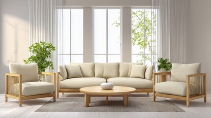 Bright Living Room with Beige Sofa, Armchairs and Natural Light, Scandinavian Interior Design