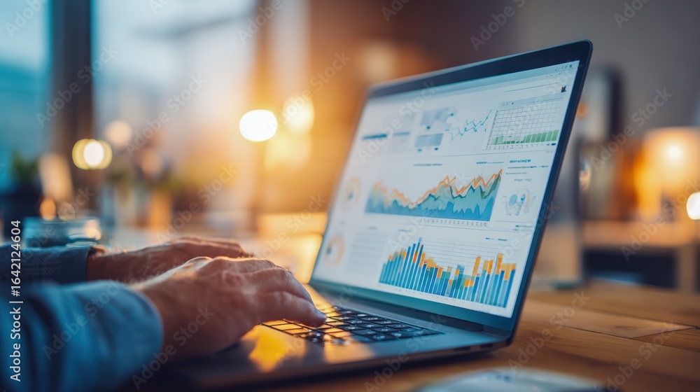 Poster analyzing business data on laptop screen displaying charts and graphs for strategic decision making