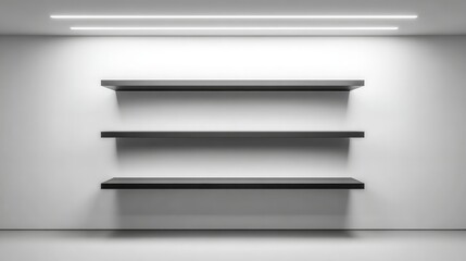 Three Floating Shelves on a White Wall with Modern Lighting for Product Display