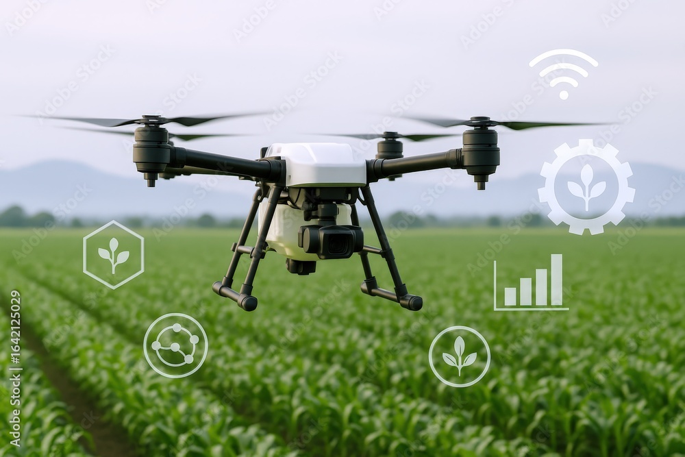 Aufkleber precision agriculture drone over crop field displaying data analytics and wireless connectivity for 