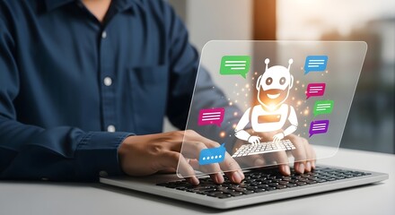 A person typing on a laptop with a transparent screen displaying chat bubbles and a robot icon
