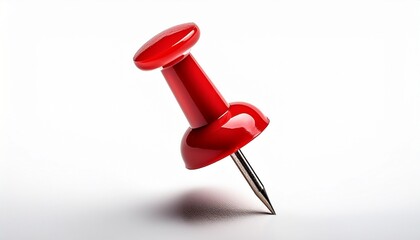a close up of a glossy red push pin with a sharp metal tip ideal for office school or bulletin board use isolated on white background
