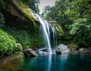 Fototapeta premium serene waterfall cascades into tranquil pool surrounded by lush greenery and rocky formations creating picturesque natural scene