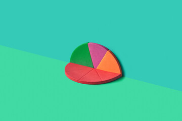 Flat foam pie chart halves on green background