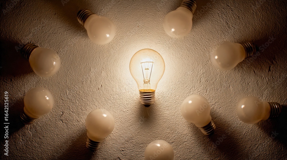 Poster bright idea: illuminated lightbulb surrounded by unlit bulbs on concrete background representing inn