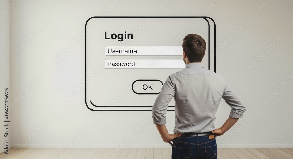 Poster man contemplates login screen: account access, digital security, and authentication challenges in a 