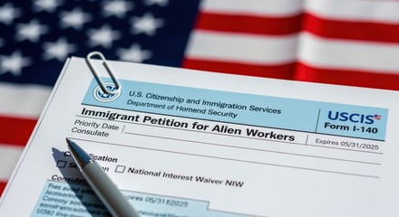 Immigrant Petition Form I-140 for Alien Workers with American Flag, representing US immigration and citizenship process
