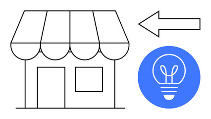 Small store building with awning, forward-pointing arrow, and light bulb in blue circle. Ideal for business growth, creative solutions, entrepreneurship, innovation, retail, marketing simple landing