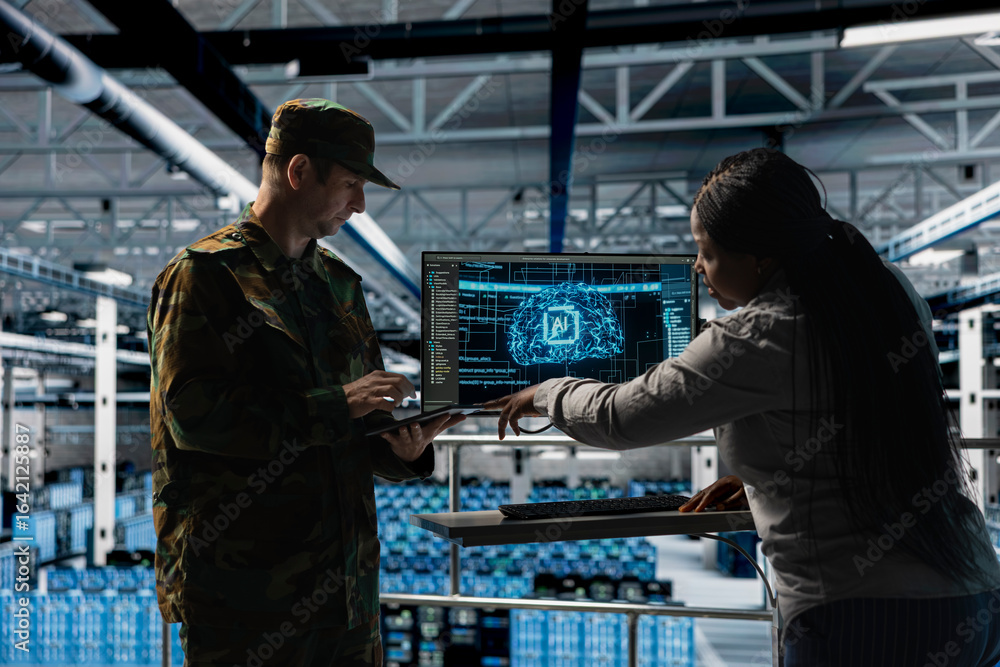 Poster server room army specialists deploying ai solutions across military systems to modernize defense inf