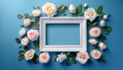 elegant white frame surrounded by delicate roses on a serene blue backdrop
