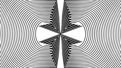 Abstract black and white geometric design with optical illusion and concentric curved lines