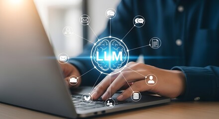 A person typing on a laptop with a glowing brain icon representing the word lim connected by social media icons