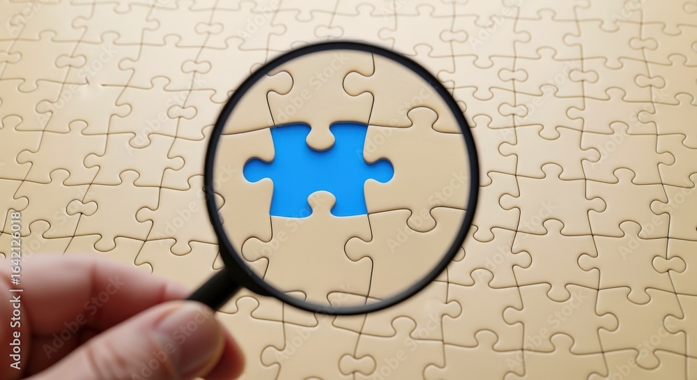 Poster magnifying glass inspecting jigsaw puzzle piece: solution concept, strategy and problem solving clos