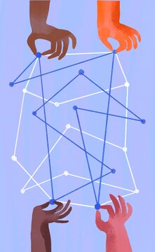 concept illustration with variety hands connect dots with lines