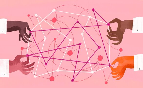 concept illustration with variety hands connect dots with lines