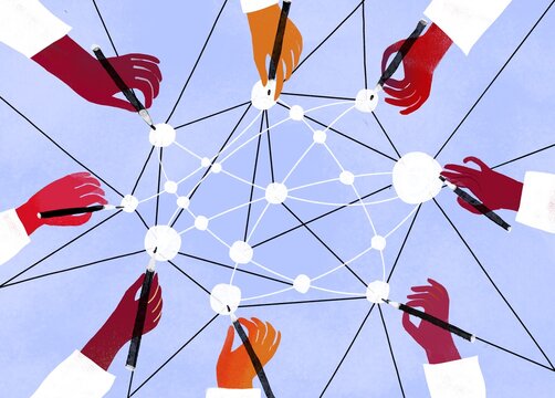 concept illustration with variety hands connect dots with lines