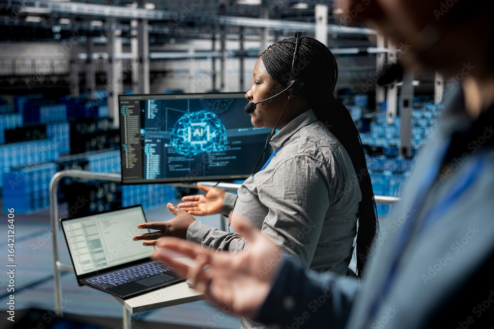 Poster data center admin using headset mic interpreting ai generated logs to resolve user issues. technicia