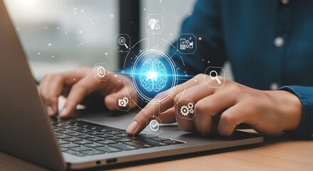 A person typing on a laptop with a futuristic interface featuring icons representing artificial intelligence