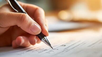 Naklejka premium Close-up of hand holding pen and filling out form, creating document with professional touch