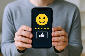 Customer Satisfaction Survey Displayed on Smartphone with Five Star Rating and Thumbs Up Icon