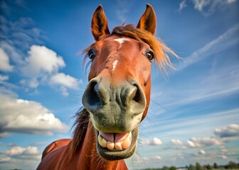 Funny closeup of a brown horses face with its mouth open and teeth showing, looking directly at the camera with a blue sky and clouds in the background