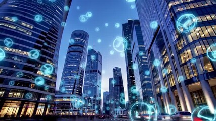 Illuminated cityscape at dusk with glowing digital icons - Powered by Adobe