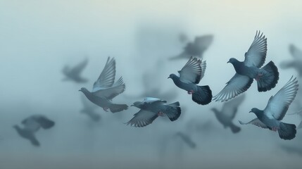 Flock of Pigeons Soaring Through Morning Haze