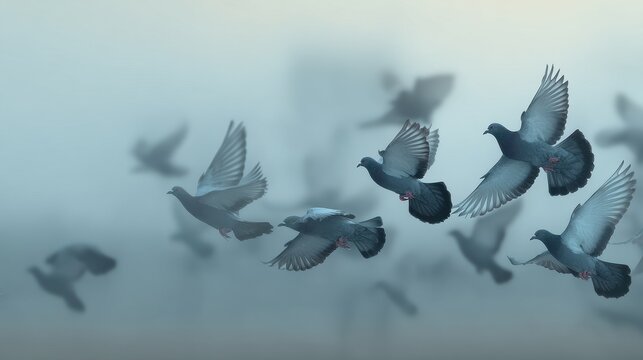 Flock of Pigeons Soaring Through Morning Haze