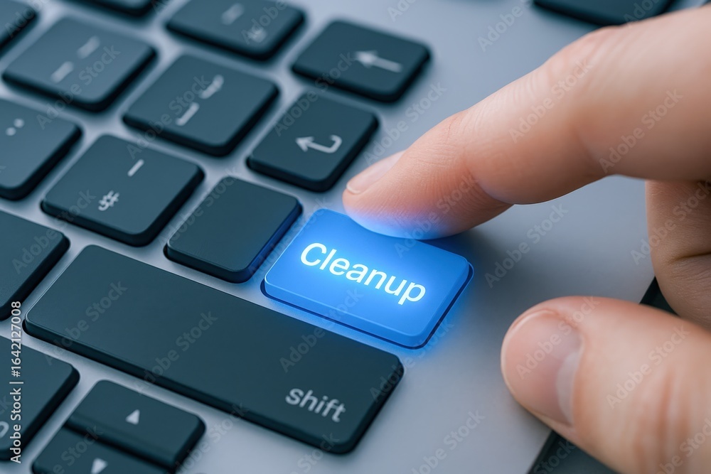 Poster finger activating a cleanup key on a keyboard, illustrating data management and system optimization
