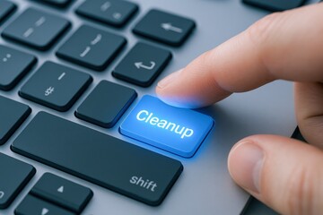 Finger Activating a Cleanup Key on a Keyboard, Illustrating Data Management and System Optimization