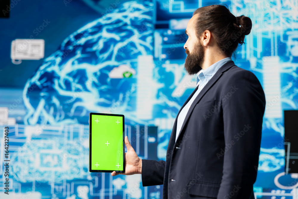 Poster surrounded by digital data and ai brain systems, businessman navigates virtual intelligence with a g