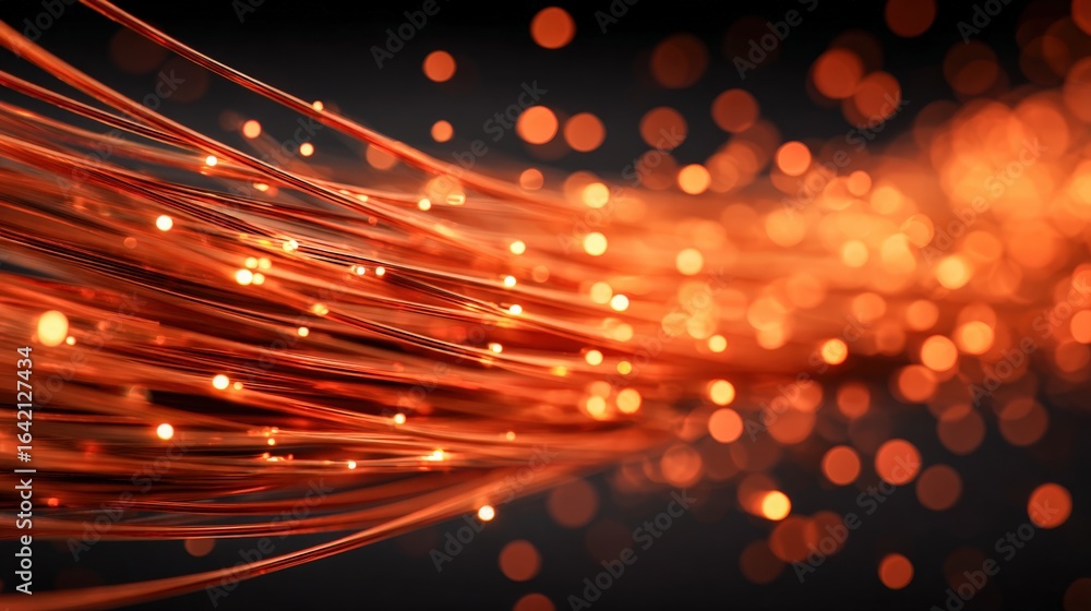 Poster abstract light streaks and bokeh orbs against dark backdrop, futuristic connection background