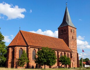 Fototapeta premium Brick church with red tile roof