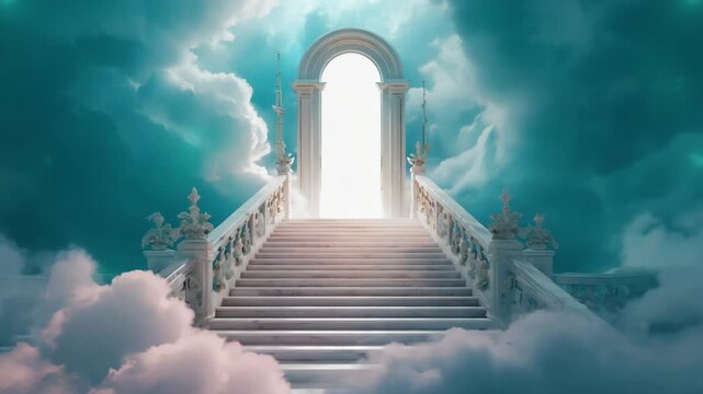 glowing doorway stands atop a grand staircase in clouds