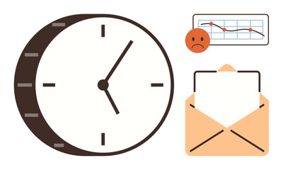 Clock with hands, open envelope, sad emotion, performance chart showing downward trends. Ideal for productivity, deadlines, stress, work-life balance communication efficiency struggles. Simple