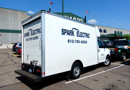 Spark Electric truck parked in the Menards lot picking up supplies for their next job. St Paul Minnesota MN USA