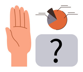 Raised hand beside segmented pie chart and question mark. Ideal for decision-making, voting, uncertainty, data analysis, prioritization, communication, teamwork. Minimal flat metaphor