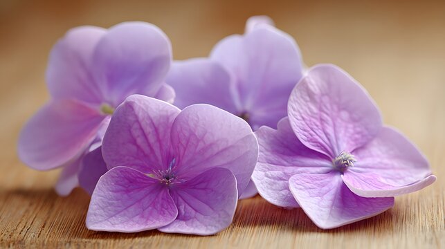Soft Lavender Hydrangea Flowers Close Up on Wooden Background A Gentle Floral Still Life Delicate and Beautiful