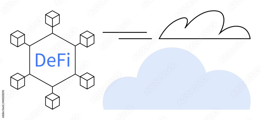 Poster blockchain hexagonal network labeled defi linked to cloud elements, representing online finance. ide