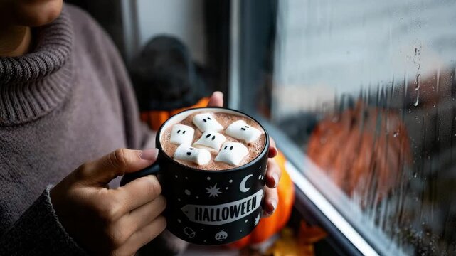 Halloween hot chocolate with ghost marshmallows, cozy autumn drink, festive seasonal beverage, warm mug by rainy window, spooky holiday comfort, Halloween treat